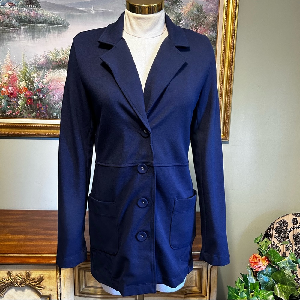 Chico’s Navy Blue Mid Length Button Front Ponte Saunter Jacket Blazer NEW NWT
